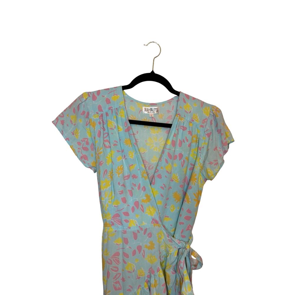 XIX Palms Floral Wrap Dress Womens L Blue Pink Yellow Ruffle Flutter Sleeve Boho - Picture 6 of 6